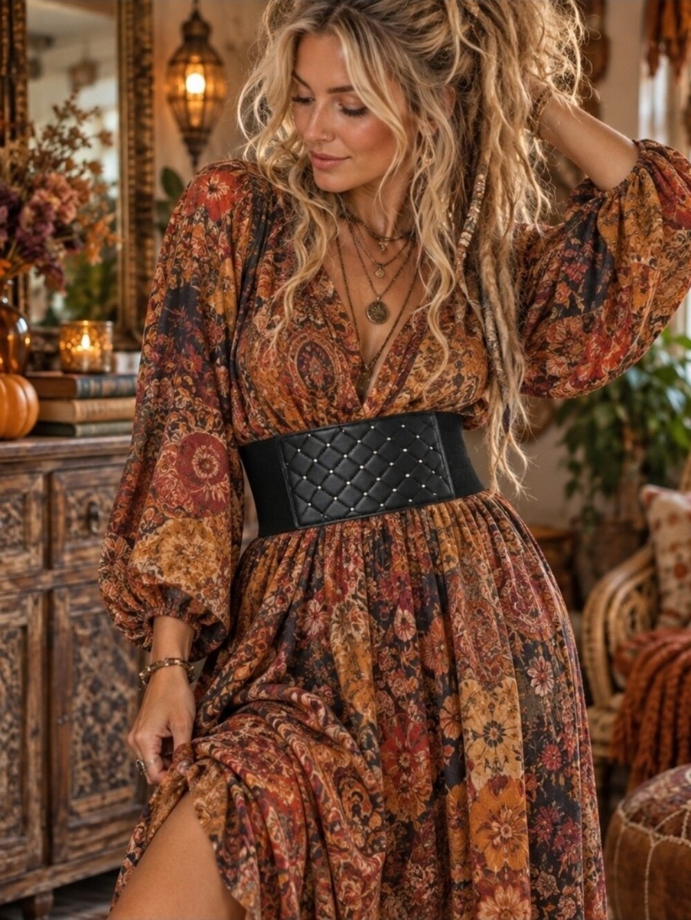 4/$15 Edgy Boho Black Quilted Studded Wide Waist Belt 2X | Goth Y2K Statement